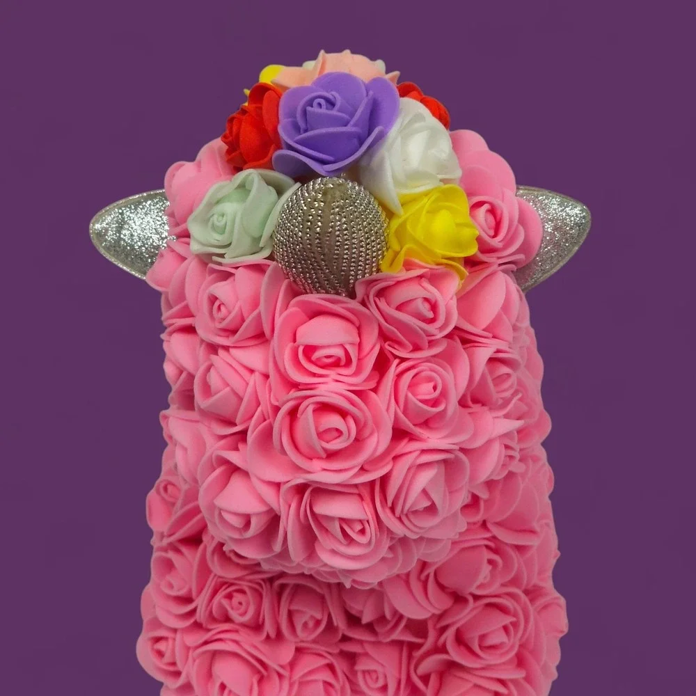 Rose Unicorn Gift - Pink Foam Flowers, Rainbow Mane, 